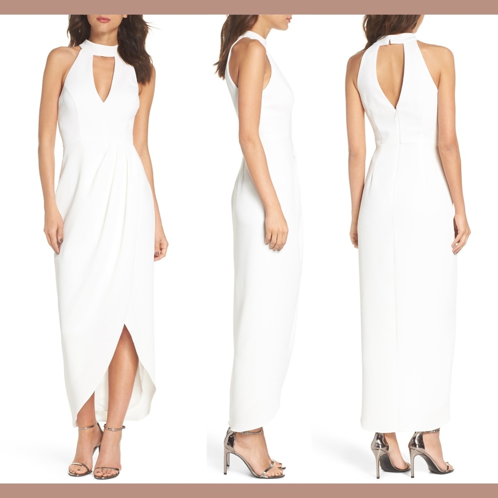 EUC $178 XSCAPE Choker Halter‎ Faux Wrap Dress in Ivory [SZ 10 ] #F546